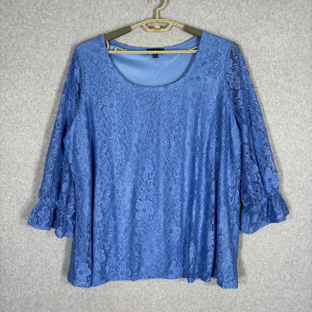 Slinky Brand Lace Blouse 3X Blue Floral Ruffle Sleeve Stretch Romantic Feminine